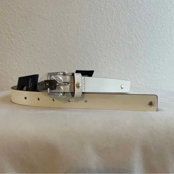 KATE SPADE NEW YORK WOMEN’S LEATHER BELT CREAM WITH GOLD STUDS LOGO SIZE Small - Picture 3 of 10
